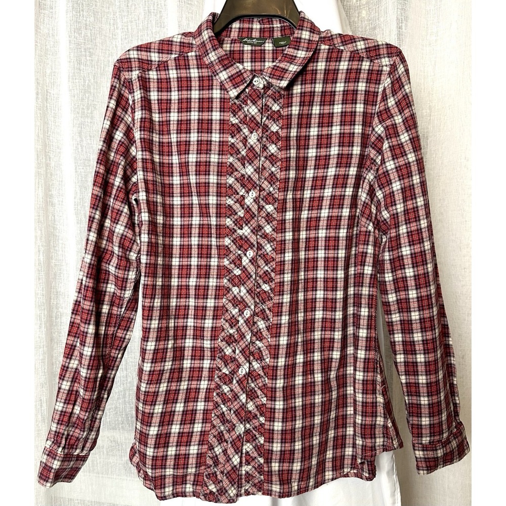 EDDIE BAUER Cotton Flannel Button Up Shirt Women's Large Red Pink Cream Plaid